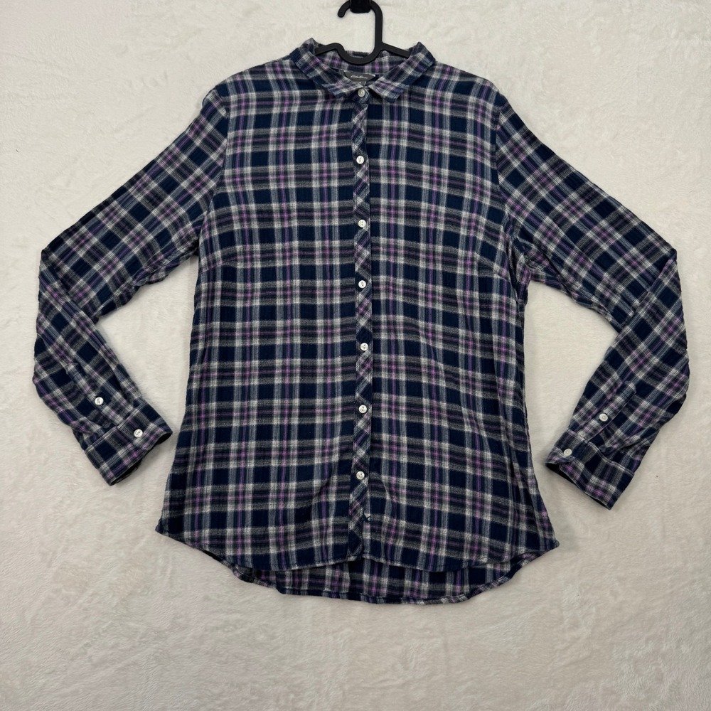 Eddie Bauer Button Front Shirt Womens M Navy Purple‎ Plaid Long Sleeve Flannel